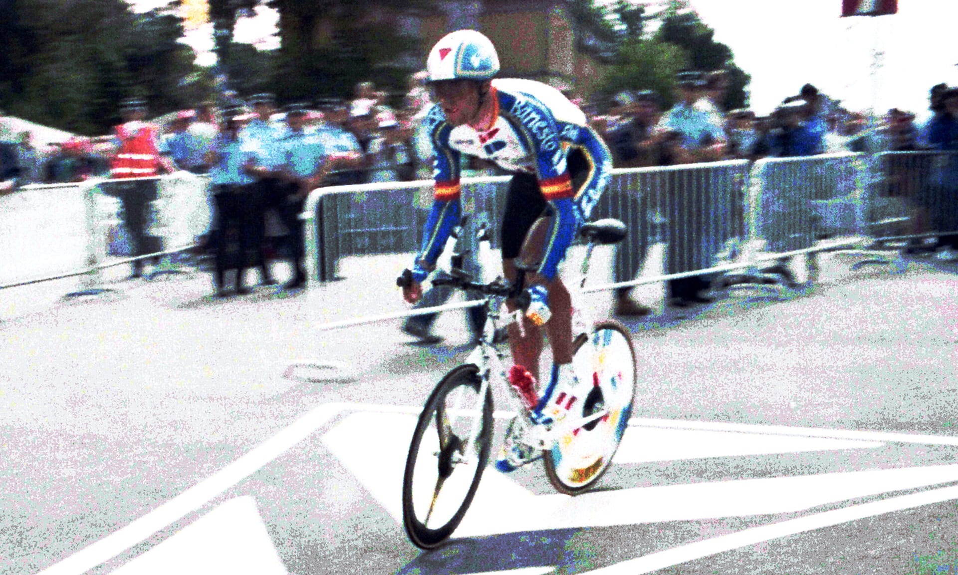 Cyclist in Banesto kit rides ahead during the 1992 Tour de France stage in Luxembourg