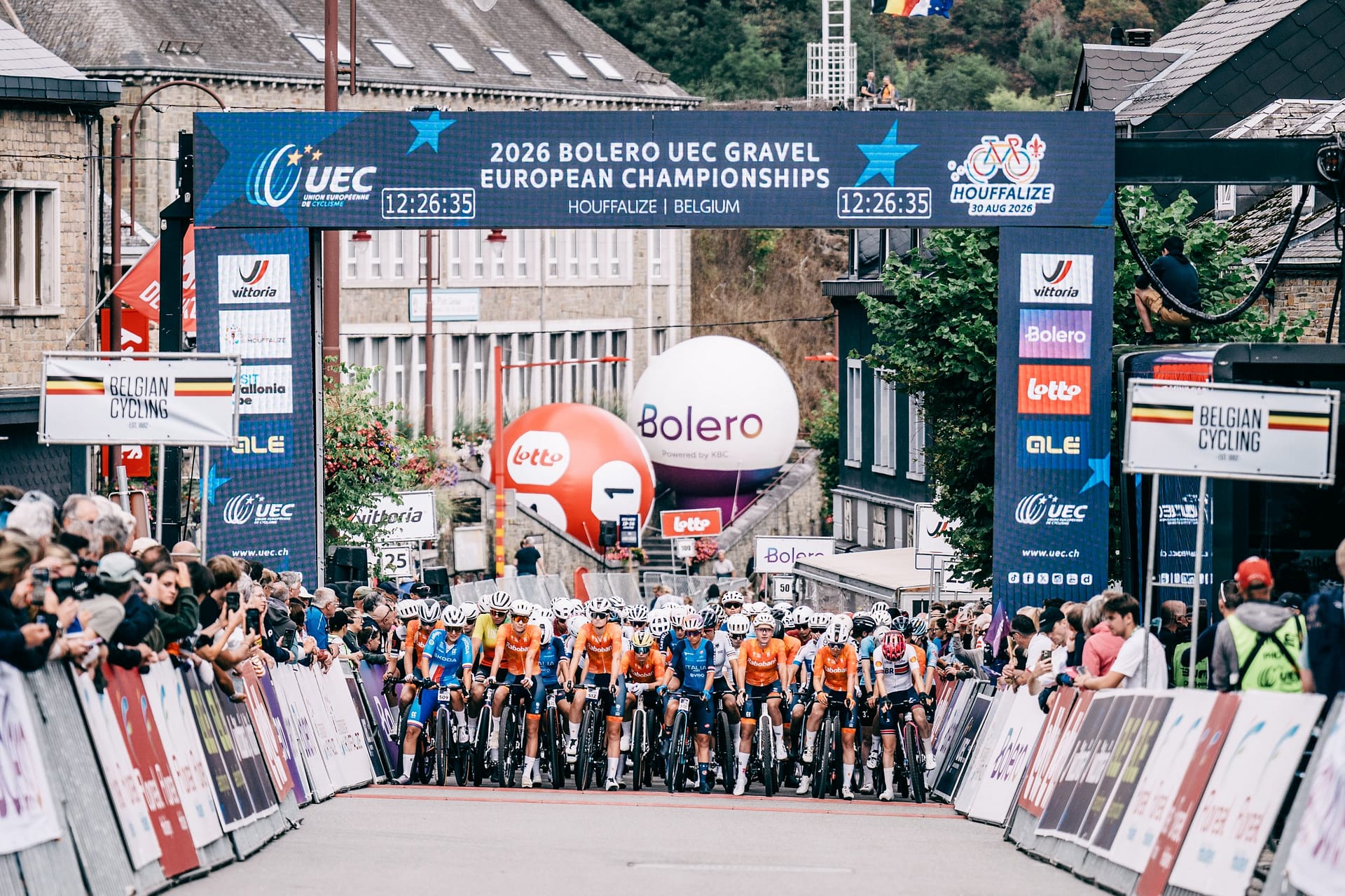 Cyclists line up at the start of the Bolero UEC Gravel European Championships in Houffalize, Belgium